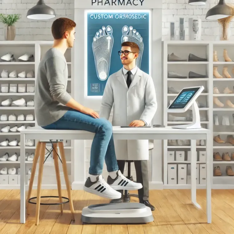 Pharmacien ajustant des semelles orthopédiques à La Verpillière